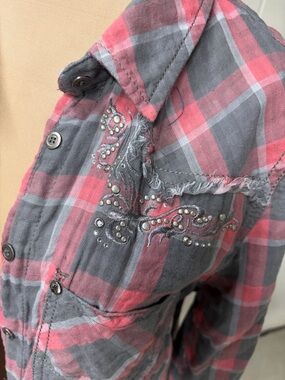 Miss Me Pink Gray Plaid Button Down Shirt Embellished Western Top